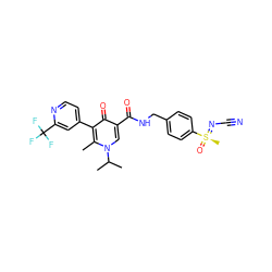 Cc1c(-c2ccnc(C(F)(F)F)c2)c(=O)c(C(=O)NCc2ccc([S@@](C)(=O)=NC#N)cc2)cn1C(C)C ZINC000148776062