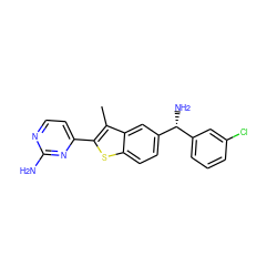 Cc1c(-c2ccnc(N)n2)sc2ccc([C@H](N)c3cccc(Cl)c3)cc12 ZINC000049037186