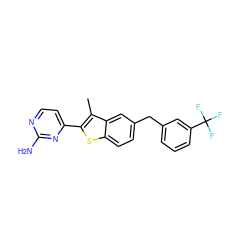 Cc1c(-c2ccnc(N)n2)sc2ccc(Cc3cccc(C(F)(F)F)c3)cc12 ZINC000049034601