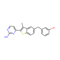 Cc1c(-c2ccnc(N)n2)sc2ccc(Cc3cccc(O)c3)cc12 ZINC000049034892