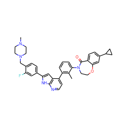 Cc1c(-c2ccnc3[nH]c(-c4ccc(CN5CCN(C)CC5)c(F)c4)cc23)cccc1N1CCOc2cc(C3CC3)ccc2C1=O ZINC000205669491