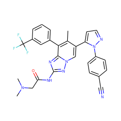 Cc1c(-c2ccnn2-c2ccc(C#N)cc2)cn2nc(NC(=O)CN(C)C)nc2c1-c1cccc(C(F)(F)F)c1 ZINC000208075937