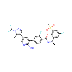 Cc1c(-c2cnc(N)c(-c3ccc(C(=O)N[C@H](C)c4cc(F)cc(S(C)(=O)=O)c4)c(F)c3)c2)cnn1C(F)F ZINC001772607852