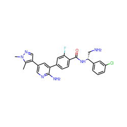 Cc1c(-c2cnc(N)c(-c3ccc(C(=O)N[C@H](CN)c4cccc(Cl)c4)c(F)c3)c2)cnn1C ZINC001772643102