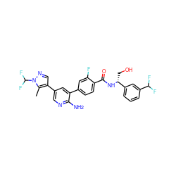 Cc1c(-c2cnc(N)c(-c3ccc(C(=O)N[C@H](CO)c4cccc(C(F)F)c4)c(F)c3)c2)cnn1C(F)F ZINC001772643254