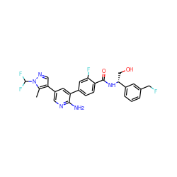 Cc1c(-c2cnc(N)c(-c3ccc(C(=O)N[C@H](CO)c4cccc(CF)c4)c(F)c3)c2)cnn1C(F)F ZINC001772592932