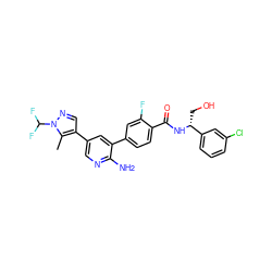 Cc1c(-c2cnc(N)c(-c3ccc(C(=O)N[C@H](CO)c4cccc(Cl)c4)c(F)c3)c2)cnn1C(F)F ZINC001772607689