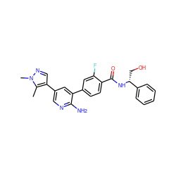 Cc1c(-c2cnc(N)c(-c3ccc(C(=O)N[C@H](CO)c4ccccc4)c(F)c3)c2)cnn1C ZINC001772644481