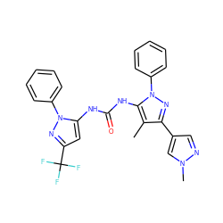 Cc1c(-c2cnn(C)c2)nn(-c2ccccc2)c1NC(=O)Nc1cc(C(F)(F)F)nn1-c1ccccc1 ZINC000221402193