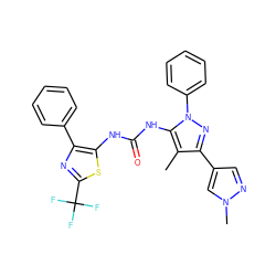 Cc1c(-c2cnn(C)c2)nn(-c2ccccc2)c1NC(=O)Nc1sc(C(F)(F)F)nc1-c1ccccc1 ZINC000210010044