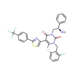 Cc1c(-c2csc(-c3ccc(C(F)(F)F)cc3)n2)c(=O)n(C[C@H](N)c2ccccc2)c(=O)n1Cc1c(F)cccc1F ZINC000028392211