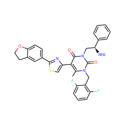 Cc1c(-c2csc(-c3ccc4c(c3)CCO4)n2)c(=O)n(C[C@H](N)c2ccccc2)c(=O)n1Cc1c(F)cccc1F ZINC000028372416