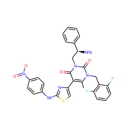 Cc1c(-c2csc(Nc3ccc([N+](=O)[O-])cc3)n2)c(=O)n(C[C@H](N)c2ccccc2)c(=O)n1Cc1c(F)cccc1F ZINC000028386221