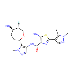 Cc1c(-c2nc(C(=O)Nc3cnn(C)c3[C@@H]3CC[C@@H](N)[C@H](F)CO3)c(N)s2)cnn1C ZINC000216887555