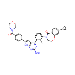 Cc1c(-c2nc(N)nc3[nH]c(-c4ccc(C(=O)N5CCOCC5)cc4)cc23)cccc1N1CCOc2cc(C3CC3)ccc2C1=O ZINC000148689642