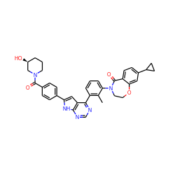 Cc1c(-c2ncnc3[nH]c(-c4ccc(C(=O)N5CCC[C@H](O)C5)cc4)cc23)cccc1N1CCOc2cc(C3CC3)ccc2C1=O ZINC000224768054