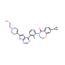 Cc1c(-c2ncnc3[nH]c(C4=CCN(CCO)CC4)cc23)cccc1N1CCOc2cc(C3CC3)ccc2C1=O ZINC001772587788