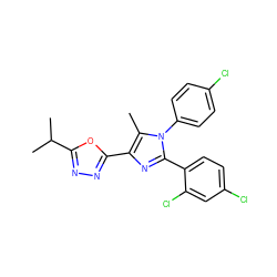 Cc1c(-c2nnc(C(C)C)o2)nc(-c2ccc(Cl)cc2Cl)n1-c1ccc(Cl)cc1 ZINC000040935275