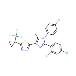 Cc1c(-c2nnc(C3(C(F)(F)F)CC3)s2)nc(-c2ccc(Cl)cc2Cl)n1-c1ccc(Cl)cc1 ZINC000044388452