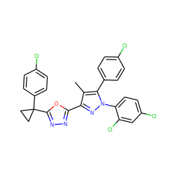 Cc1c(-c2nnc(C3(c4ccc(Cl)cc4)CC3)o2)nn(-c2ccc(Cl)cc2Cl)c1-c1ccc(Cl)cc1 ZINC000049872181