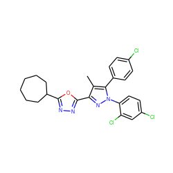 Cc1c(-c2nnc(C3CCCCCC3)o2)nn(-c2ccc(Cl)cc2Cl)c1-c1ccc(Cl)cc1 ZINC000040939125