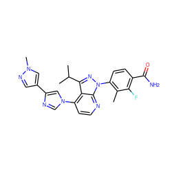 Cc1c(-n2nc(C(C)C)c3c(-n4cnc(-c5cnn(C)c5)c4)ccnc32)ccc(C(N)=O)c1F ZINC000169703532