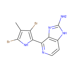 Cc1c(Br)[nH]c(-c2nccc3[nH]c(N)nc23)c1Br ZINC000045299755