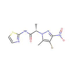 Cc1c(Br)c([N+](=O)[O-])nn1[C@@H](C)C(=O)Nc1nccs1 ZINC000001068833