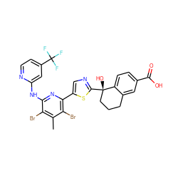 Cc1c(Br)c(Nc2cc(C(F)(F)F)ccn2)nc(-c2cnc([C@@]3(O)CCCc4cc(C(=O)O)ccc43)s2)c1Br ZINC000169704392