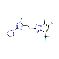 Cc1c(Br)cc(C(F)(F)F)c2nc(CCc3nc(N4CCCC4)nn3C)nn12 ZINC000210571039