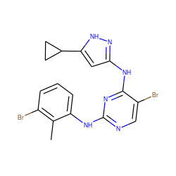 Cc1c(Br)cccc1Nc1ncc(Br)c(Nc2cc(C3CC3)[nH]n2)n1 ZINC000138136044