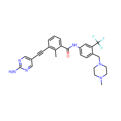 Cc1c(C#Cc2cnc(N)nc2)cccc1C(=O)Nc1ccc(CN2CCN(C)CC2)c(C(F)(F)F)c1 ZINC001772623883