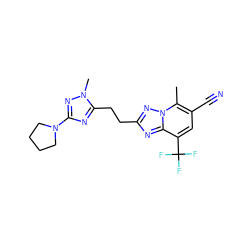 Cc1c(C#N)cc(C(F)(F)F)c2nc(CCc3nc(N4CCCC4)nn3C)nn12 ZINC000210571087