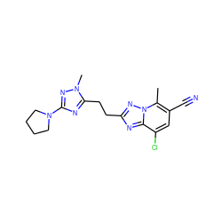 Cc1c(C#N)cc(Cl)c2nc(CCc3nc(N4CCCC4)nn3C)nn12 ZINC000210695380