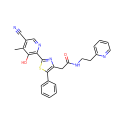 Cc1c(C#N)cnc(-c2nc(CC(=O)NCCc3ccccn3)c(-c3ccccc3)s2)c1O ZINC000147936396