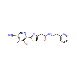 Cc1c(C#N)cnc(-c2nc(CC(=O)NCCc3ccccn3)cs2)c1O ZINC000147999219