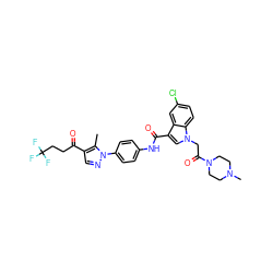 Cc1c(C(=O)CCC(F)(F)F)cnn1-c1ccc(NC(=O)c2cn(CC(=O)N3CCN(C)CC3)c3ccc(Cl)cc23)cc1 ZINC000299834806