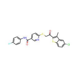 Cc1c(C(=O)CSc2ccc(C(=O)Nc3ccc(F)cc3)cn2)sc2ccc(Cl)cc12 ZINC000261179963