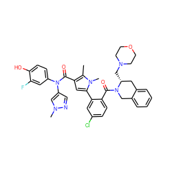 Cc1c(C(=O)N(c2ccc(O)c(F)c2)c2cnn(C)c2)cc(-c2cc(Cl)ccc2C(=O)N2Cc3ccccc3C[C@H]2CN2CCOCC2)n1C ZINC000261175374