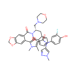 Cc1c(C(=O)N(c2ccc(O)c(F)c2)c2cnn(C)c2)cc(-c2cc3c(cc2C(=O)N2Cc4ccccc4C[C@H]2CN2CCOCC2)OCO3)n1C ZINC000261117903