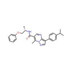 Cc1c(C(=O)N[C@@H](C)COc2ccccc2)cnc2c(-c3ccc(C(C)C)cc3)cnn12 ZINC000040421664