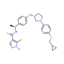 Cc1c(C(=O)N[C@@H](C)c2ccc(O[C@@H]3CCN(c4ccc(OCC5CC5)cc4)C3)cc2)cnn1C ZINC001772583093