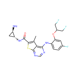 Cc1c(C(=O)N[C@@H]2C[C@H]2N)sc2ncnc(Nc3ccc(F)cc3OC(CF)CF)c12 ZINC000118737317