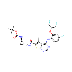 Cc1c(C(=O)N[C@@H]2C[C@H]2NC(=O)OC(C)(C)C)sc2ncnc(Nc3ccc(F)cc3OC(CF)CF)c12 ZINC000169708365