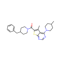 Cc1c(C(=O)N2CCC(Cc3ccccc3)CC2)sc2ncnc(N3CCC(C)CC3)c12 ZINC000002924511