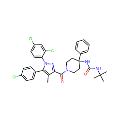Cc1c(C(=O)N2CCC(NC(=O)NC(C)(C)C)(c3ccccc3)CC2)nn(-c2ccc(Cl)cc2Cl)c1-c1ccc(Cl)cc1 ZINC000084670523