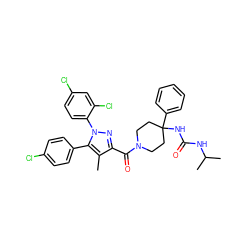 Cc1c(C(=O)N2CCC(NC(=O)NC(C)C)(c3ccccc3)CC2)nn(-c2ccc(Cl)cc2Cl)c1-c1ccc(Cl)cc1 ZINC000084652545