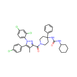 Cc1c(C(=O)N2CCC(NC(=O)NC3CCCCC3)(c3ccccc3)CC2)nn(-c2ccc(Cl)cc2Cl)c1-c1ccc(Cl)cc1 ZINC000084652899