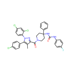 Cc1c(C(=O)N2CCC(NC(=O)Nc3ccc(F)cc3)(c3ccccc3)CC2)nn(-c2ccc(Cl)cc2Cl)c1-c1ccc(Cl)cc1 ZINC000084652172