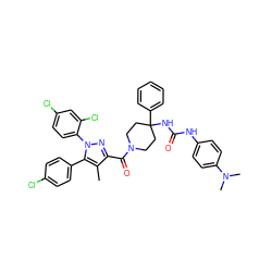 Cc1c(C(=O)N2CCC(NC(=O)Nc3ccc(N(C)C)cc3)(c3ccccc3)CC2)nn(-c2ccc(Cl)cc2Cl)c1-c1ccc(Cl)cc1 ZINC000084651858